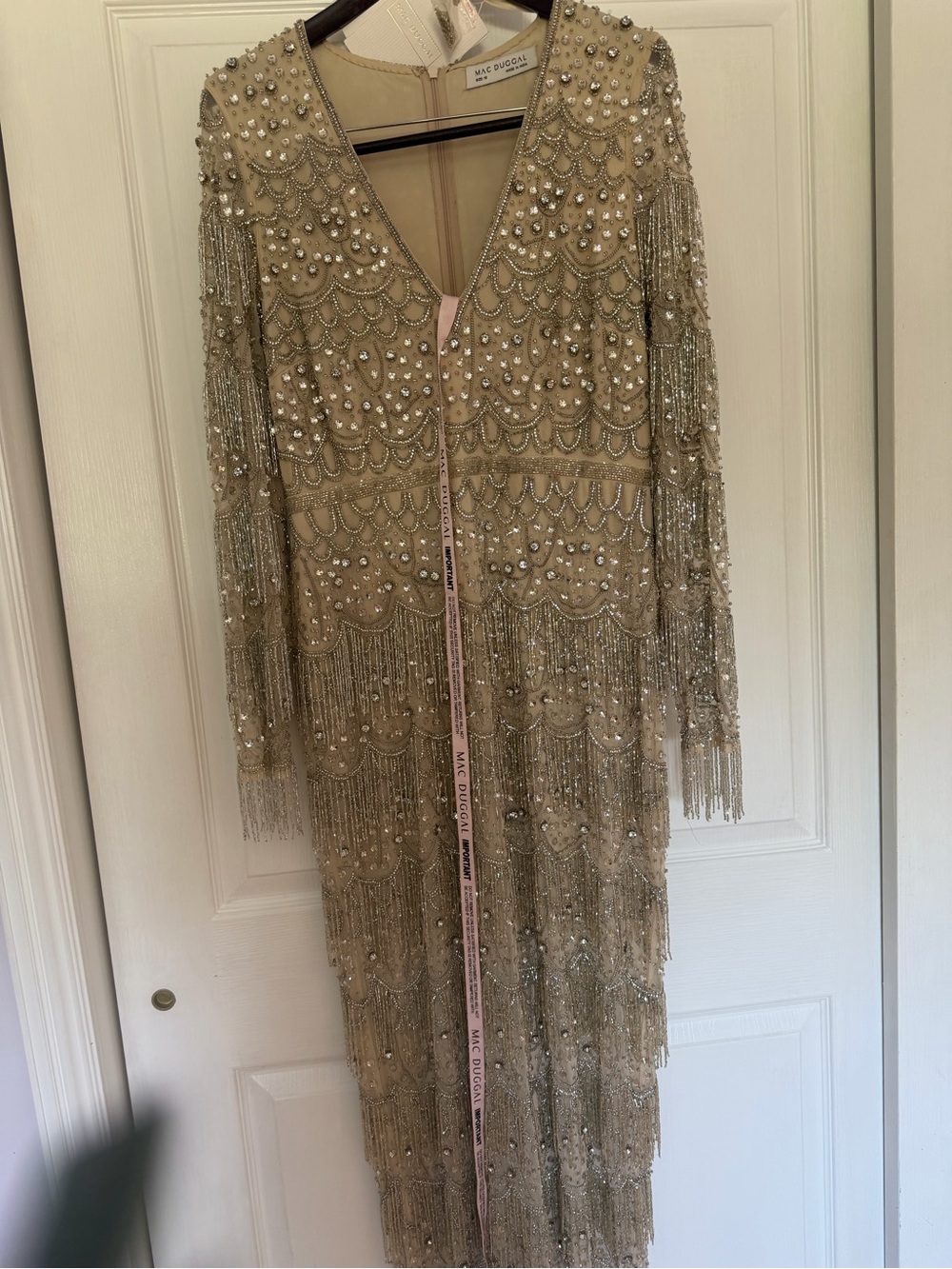 Mac Duggal Champagne Beaded Fringe Evening Dress